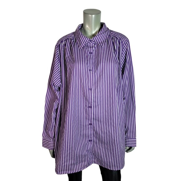 Roaman's Top Plus Size 2X Collared Striped Button Front Long Sleeve Purple - Picture 1 of 6